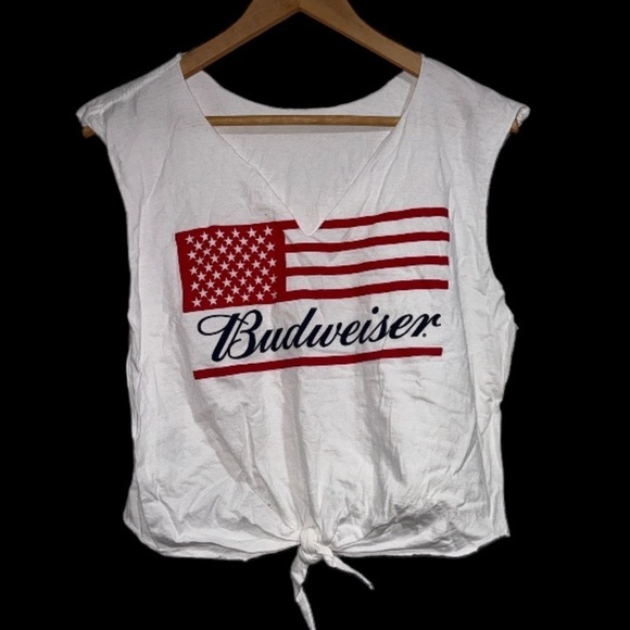 Budweiser tee shirt cuff off sleeves cropped raw hem tie front medium - Picture 2 of 3